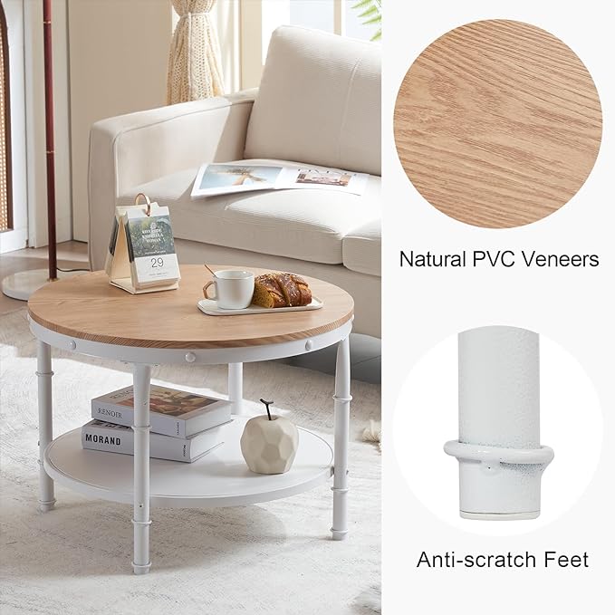 VINGLI 25.6" Natural White Round Farmhouse Coffee Table, 2-Tier Storage Wood Center Circle Accent Table for Living Room, Bedroom, Apartment, Studio and Small Spaces, Sturdy Metal Frame, Natural Color - LeafyLoom