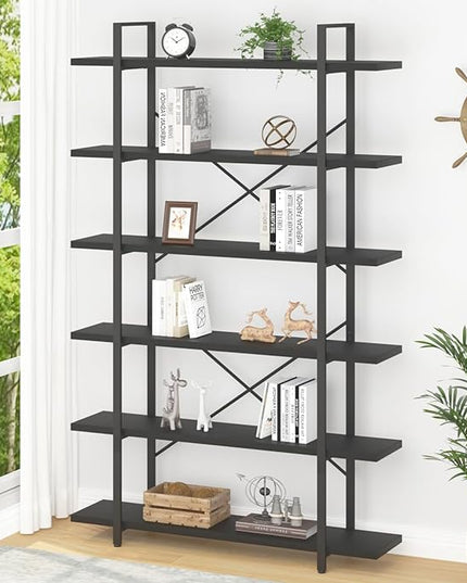 HSH 6 Tier Tall Black Bookshelf, Modern Large Storage Book Shelves & Display Book Shelf,Industrial Open Vertical Metal and Wood Black Bookcases 6 Shelf for Bedroom Living Room Office, Black Oak - LeafyLoom