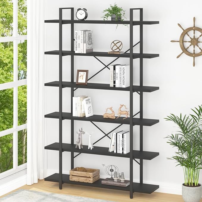 HSH 6 Tier Tall Black Bookshelf, Modern Large Storage Book Shelves & Display Book Shelf,Industrial Open Vertical Metal and Wood Black Bookcases 6 Shelf for Bedroom Living Room Office, Black Oak - LeafyLoom
