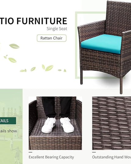 Greesum 3 Pieces Patio Furniture Sets Outdoor PE Rattan Wicker Chairs with Soft Cushion and Glass Coffee Table for Garden Backyard Porch Poolside, Brown and Blue - LeafyLoom