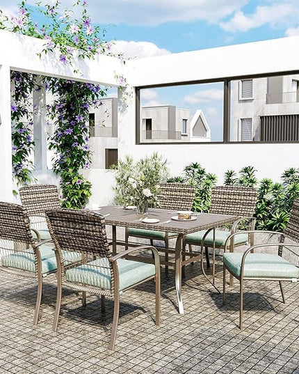 Pamapic Patio Dining Set, 7 Piece, Outdoor Wicker Furniture Set for Backyard Garden Deck Poolside/Iron Slats Table Top, Removable Cushion, Green - LeafyLoom