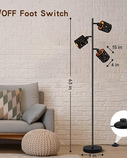 Industrial Floor Lamp, Tree Standing Lamp for Bedroom with Adjustable 3-Lights, 4W E12 LED Bulbs, Modern Stand Up Lamp, Metal Tall Rustic Pole Lamp, Vintage Farmhouse Floor Lamp for Living Room, Black - LeafyLoom