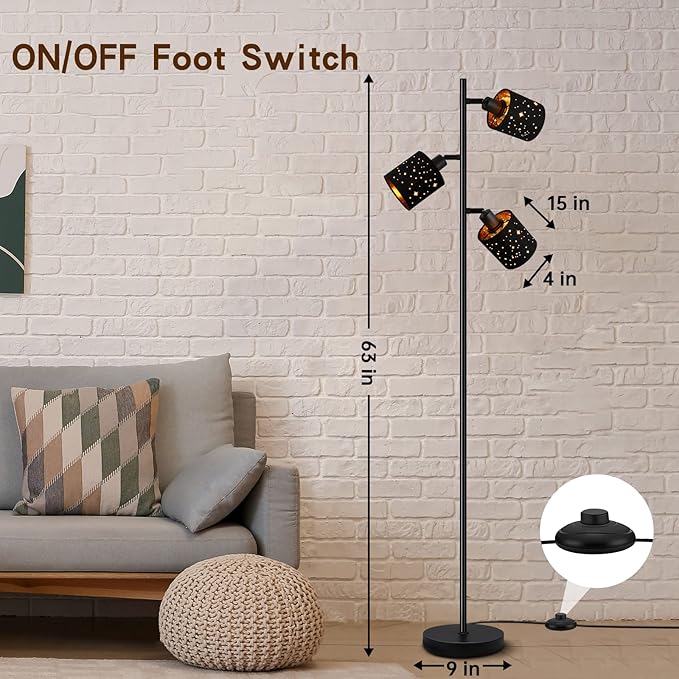 Industrial Floor Lamp, Tree Standing Lamp for Bedroom with Adjustable 3-Lights, 4W E12 LED Bulbs, Modern Stand Up Lamp, Metal Tall Rustic Pole Lamp, Vintage Farmhouse Floor Lamp for Living Room, Black - LeafyLoom
