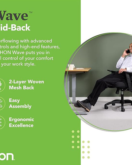 HON Wave Home Office Desk Chair - Office Chair Ergonomic Desk Chair - Ergonomic Mesh Office Chair, Mid Back, Adjustable Arms, Lumbar Support, Synchro-Tilt, Cushion, 360 Swivel Wheels - LeafyLoom