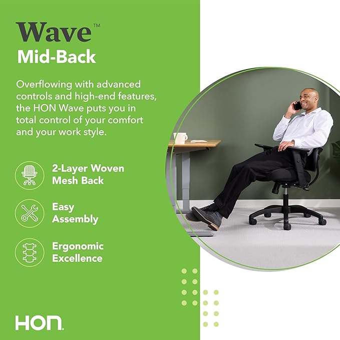 HON Wave Home Office Desk Chair - Office Chair Ergonomic Desk Chair - Ergonomic Mesh Office Chair, Mid Back, Adjustable Arms, Lumbar Support, Synchro-Tilt, Cushion, 360 Swivel Wheels - LeafyLoom