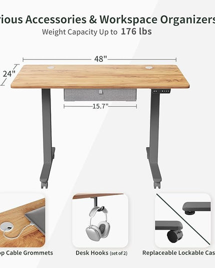 FEZIBO Standing Desk with Drawer, 48 x 24 Inches Adjustable Height Electric Stand up Desk with Storage, Sit Stand Home Office Desk, Light Rustic/Grey Frame - LeafyLoom
