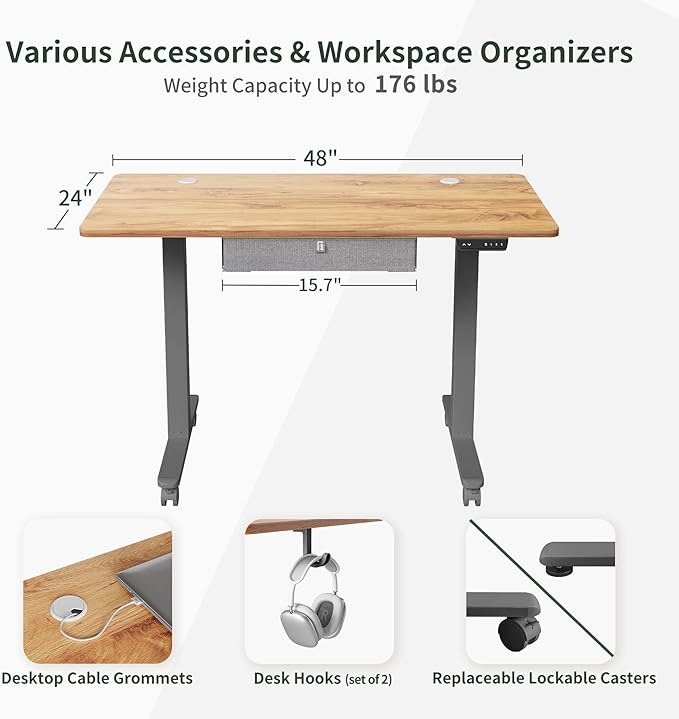 FEZIBO Standing Desk with Drawer, 48 x 24 Inches Adjustable Height Electric Stand up Desk with Storage, Sit Stand Home Office Desk, Light Rustic/Grey Frame - LeafyLoom