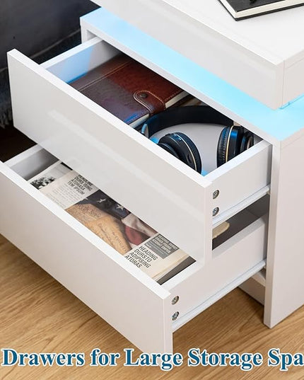 HOMMPA LED Nightstand White Nightstand with Led Lights Modern Night Stand with 2 High Gloss Drawers Led Bedside Table Smart Nightstand for Bedroom 20.5” Tall - LeafyLoom