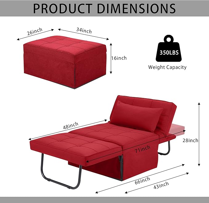 Sofa Bed, 4 in 1 Multi-Function Folding Ottoman Breathable Linen Couch Bed with Adjustable Backrest Modern Convertible Chair for Living Room Apartment Office,Red - LeafyLoom