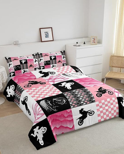 Motocross Comforter Set, Dirt Bike Bedding Sets & Collections Queen, Motorcycle Rider Down Comforter For Kids Boys Girls, Motorbike Extreme Sport Game Comforter Set, Buffalo Plaid, Pink Grey Black - LeafyLoom