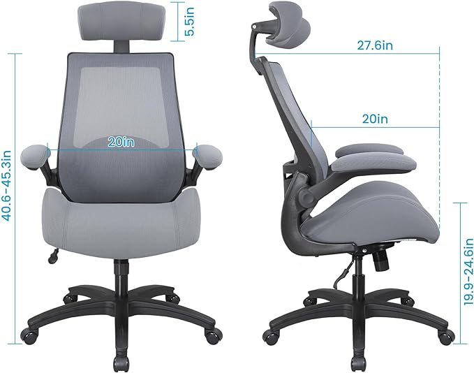 BOLISS 400lbs Ergonomic Mesh Office Chair, High Back Desk Chair - Adjustable Headrest with Flip-Up Arms, Tilt Function, Lumbar Support and Swivel Computer Task Chair-Grey - LeafyLoom