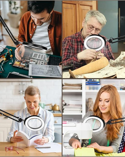 VEEMAGNI 5 Inch Large Magnifying Glass with Light and Stand, 5 Color Modes Stepless Dimmable, Long Swivel Arm LED Clamp Desk Lamp, Hands Free 10X Lighted Magnifier for Close Work Craft Hobby Soldering - LeafyLoom