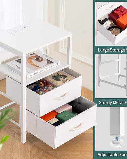 Yoobure Nightstand with Charging Station, LED Night Stand with Fabric Drawers and Storage Shelf for Bedroom, Nightstands Bedside Tables with USB Ports & Outlets, Small Night Stands, Bed Side Table - LeafyLoom