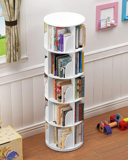 5 Tier 360° Rotating Stackable Shelves Bookshelf Organizer (White) - LeafyLoom
