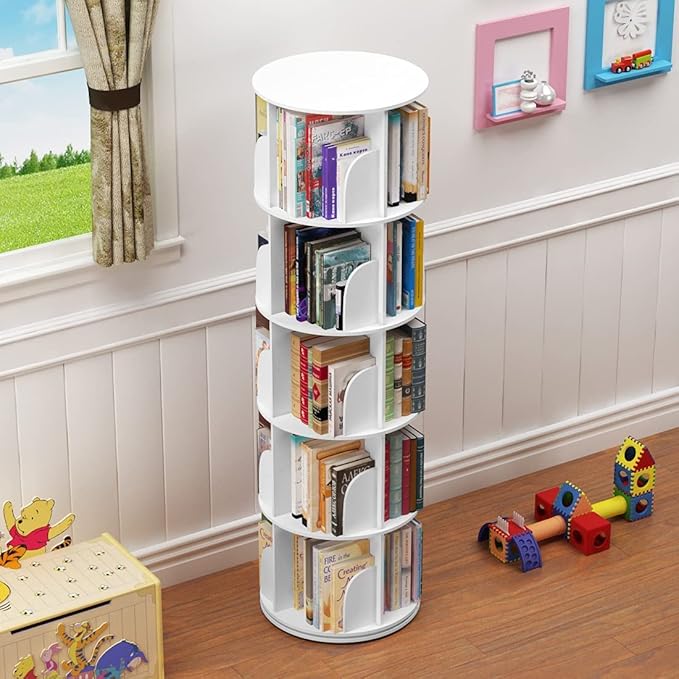 5 Tier 360° Rotating Stackable Shelves Bookshelf Organizer (White) - LeafyLoom