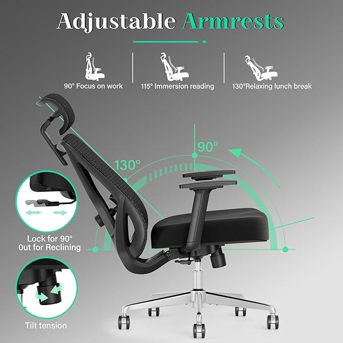 T23 Ergonomic Office Chair,Mesh Computer Desk Chairs with Adjustable Lumbar Support,Headrest,3-D Armrests,Swivel Wheels,Comfortable Home Office Desk Chairs for Long Hours,Rolling Gaming Chair - LeafyLoom