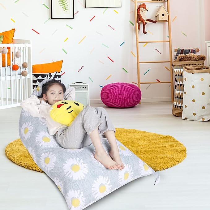 Stuffed Animal Storage Bean Bag Chair Cover, Canvas Daisy Plush Toy Storage Stuff and Sit Seat for Kids/Teens/Adults, 52" x 31" Extra Large Triangle Floor Sofa Lounger, 200L/52Gal, Cover Only - LeafyLoom