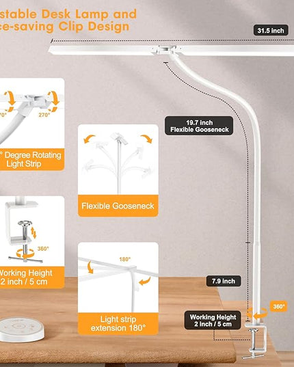 Led Desk Lamp for Office Home - Eye Caring Architect lamp with Clamp,Dual Screen Computer Monitor Gooseneck Smart Light: 24W 5 Color Flexible Adjustable Lighting Table Lamp for Study White - LeafyLoom