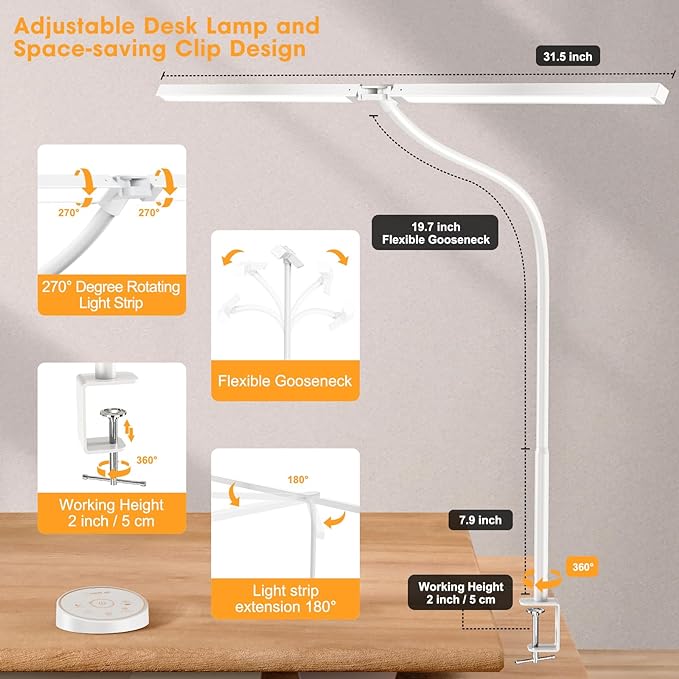 Led Desk Lamp for Office Home - Eye Caring Architect lamp with Clamp,Dual Screen Computer Monitor Gooseneck Smart Light: 24W 5 Color Flexible Adjustable Lighting Table Lamp for Study White - LeafyLoom