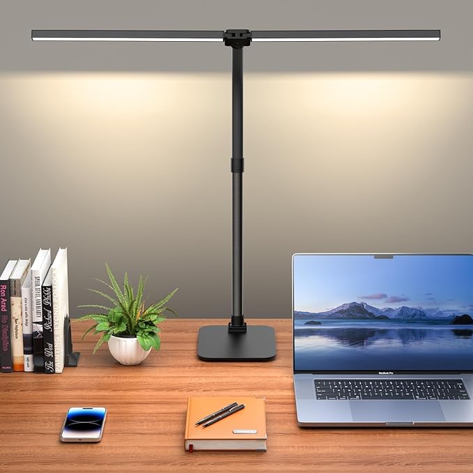 Desk Lamp Architect Task Dual Head Modern Flexible Gooseneck Tall Dimmable Light for Home Office, 5 Color Modes,Remote Control, 1500lm 24W Extra Bright Lighting - LeafyLoom