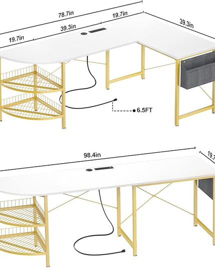 Unikito L Shaped Desk with Power Outlet, 98.4" Reversible Corner Computer Table with Storage Shelves and Bag, Modern 2 Person Large Long Desk for Home Office Writing Study Workstation, White - LeafyLoom