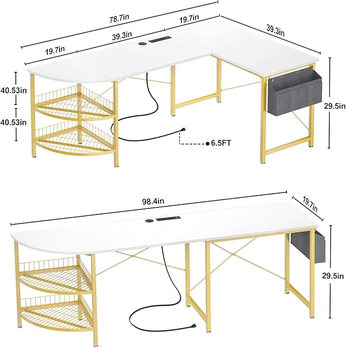Unikito L Shaped Desk with Power Outlet, 98.4" Reversible Corner Computer Table with Storage Shelves and Bag, Modern 2 Person Large Long Desk for Home Office Writing Study Workstation, White - LeafyLoom