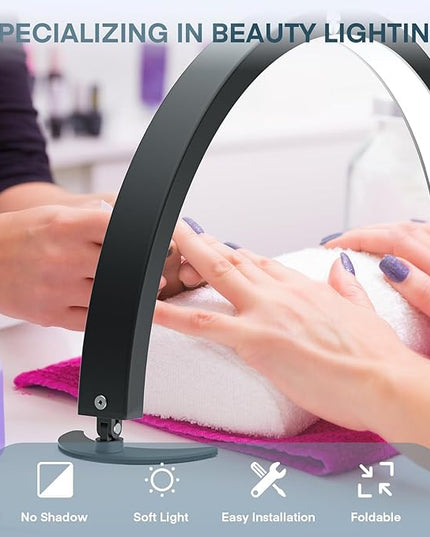 MYSWEETY Half Moon Light for Nail Desk, 29'' Foldable Led Nail Tech Lamp, Arch Table Lamp Estheticians Light with Remote, Lash Light Lamp for Eyelash Extensions, Tattoo, 7 Tones & 10 Brightness - LeafyLoom