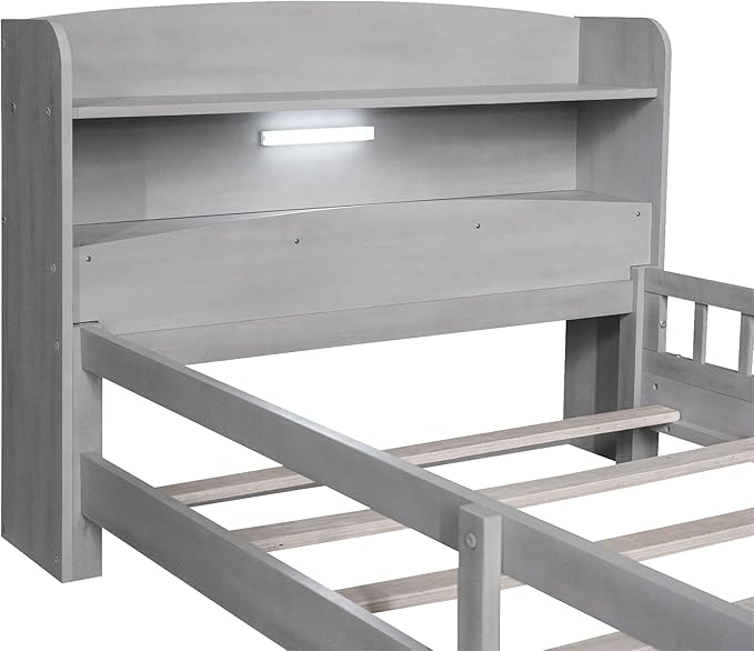 Twin Size Platform Bed with Built-in LED Light,Multi-functional Wood Beds Frame,w/ 2 Storage Shelves Headboard and Guardrail,for Apartment,Bedroom,Living Room,Antique Grey - LeafyLoom