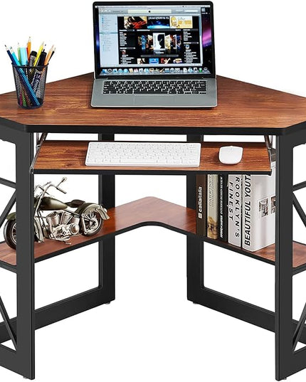 VECELO Corner Computer Desk Writing Smooth Keyboard Tray & Storage Shelves,Compact Home Office Triangle Table, Teak - LeafyLoom