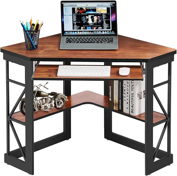 VECELO Corner Computer Desk Writing Smooth Keyboard Tray & Storage Shelves,Compact Home Office Triangle Table, Teak - LeafyLoom