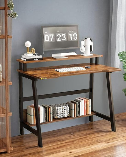 Small Computer Desk for Small Spaces - 33.5" Inch Modern Writing Table with Monitor Storage Shelf for Home Office and Study, Compact Laptop Desk in Simple and Sleek Style - LeafyLoom
