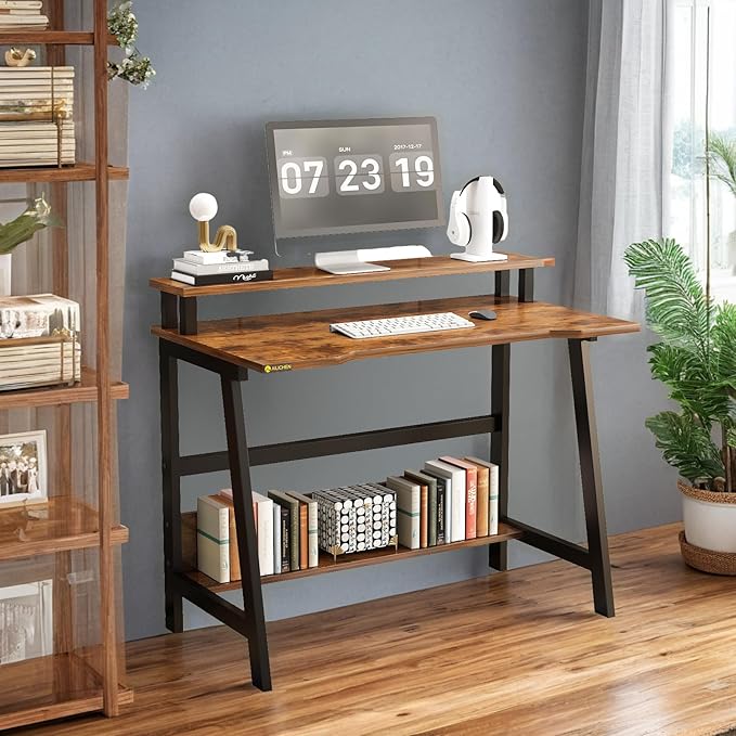 Small Computer Desk for Small Spaces - 33.5" Inch Modern Writing Table with Monitor Storage Shelf for Home Office and Study, Compact Laptop Desk in Simple and Sleek Style - LeafyLoom