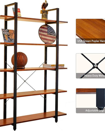 CONSDAN Industrial Bookshelf, USA Grown Hardwood, Real Wood Bookshelves, Modern Open Rustic Bookcase, Storage Shelf, Display Shelf, Poplar Solid Wood-5 Tier Shelf - LeafyLoom