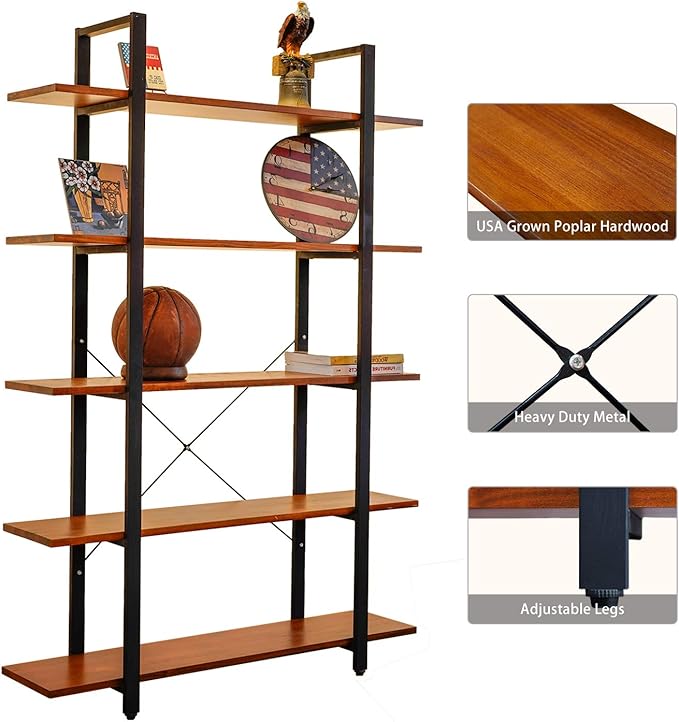CONSDAN Industrial Bookshelf, USA Grown Hardwood, Real Wood Bookshelves, Modern Open Rustic Bookcase, Storage Shelf, Display Shelf, Poplar Solid Wood-5 Tier Shelf - LeafyLoom