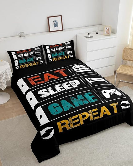 Gamer Comforter Set Full Gaming Bedding Set for Boys Teens Girls Kids Video Games Controller Comforter Funny Creative Eat Sleep Game Repeat Design Reversible Down Comforter for All Season Room Decor - LeafyLoom