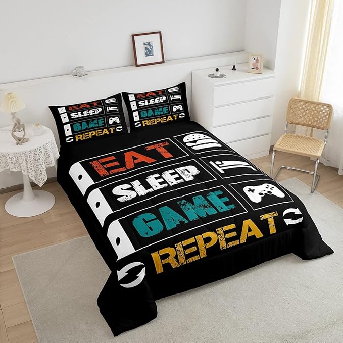 Gamer Comforter Set Full Gaming Bedding Set for Boys Teens Girls Kids Video Games Controller Comforter Funny Creative Eat Sleep Game Repeat Design Reversible Down Comforter for All Season Room Decor - LeafyLoom
