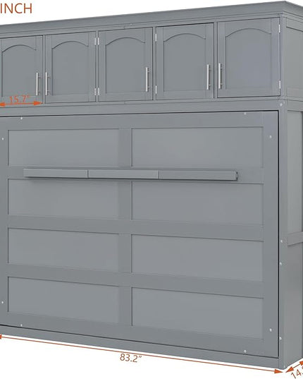 Merax Modern Murphy Cabinet Bed with Top Cabinets, Solid Wood Wall Platform Bed/No Box Spring Needed/Easy Assemble Full,Gray - LeafyLoom