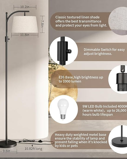 Floor Lamp for Living Room,Classic Standing Lamp with Textured Linen Shade,Tall Floor Lamp for Living Room,Bedroom,Office,Reading,9W LED Bulb Included - LeafyLoom