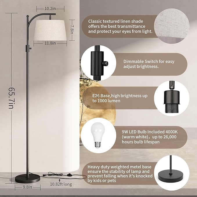 Floor Lamp for Living Room,Classic Standing Lamp with Textured Linen Shade,Tall Floor Lamp for Living Room,Bedroom,Office,Reading,9W LED Bulb Included - LeafyLoom