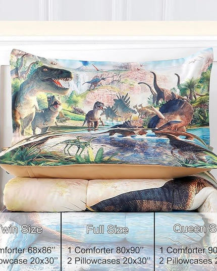 WINLIFE Dinosaur Bedding Full Comforter Set - Super Soft & Fun Jurassic Dino Pattern Bedding Comforter Set All Seasons for Boys Teens - Easy Wash Bed Set, 3D Dinosaur Print - LeafyLoom