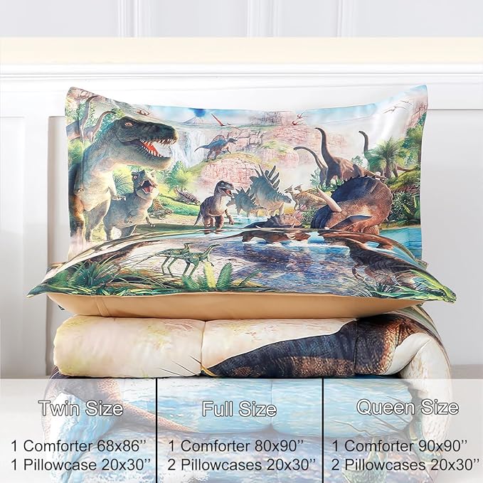 WINLIFE Dinosaur Bedding Full Comforter Set - Super Soft & Fun Jurassic Dino Pattern Bedding Comforter Set All Seasons for Boys Teens - Easy Wash Bed Set, 3D Dinosaur Print - LeafyLoom