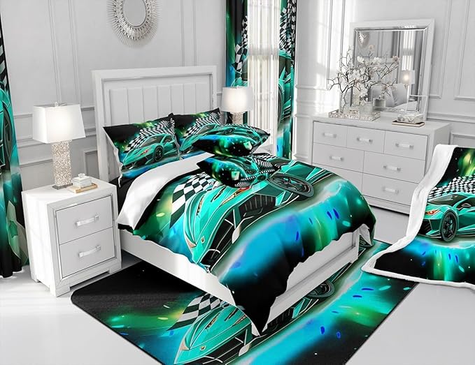 Teal Race Car Comforter Set Queen Size, Black White Lattice Bedding Set 2pcs for Kids Boys Teens Room Decor,Extreme Sport Games Quilt Set,Cool Modern Duvet Insert with 2 Pillowcases - LeafyLoom