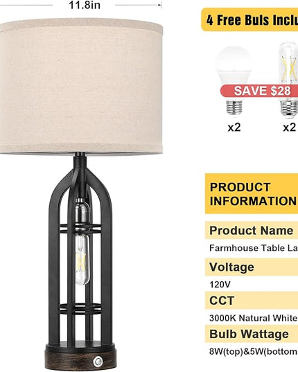 Table Lamp for Living Room - Lamps Set of 2 with USB C+A & Outlet, 3-Way Dimmable Farmhouse Lamps for Night Stands, Rustic Bedside Lamp for End Tables, Industrial Nightstand Lamps for Bedroom - LeafyLoom