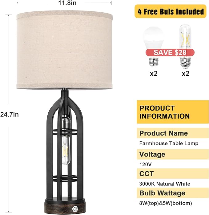 Table Lamp for Living Room - Lamps Set of 2 with USB C+A & Outlet, 3-Way Dimmable Farmhouse Lamps for Night Stands, Rustic Bedside Lamp for End Tables, Industrial Nightstand Lamps for Bedroom - LeafyLoom