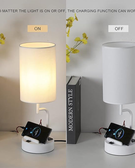 Dreamholder Table Lamp with 3 USB Charging Ports, Modern Desk Lamp with AC Outlet and Phone Stands, Perfect Bedside Lamp for Bedroom, Living Room, Office (Pack of 2), White - LeafyLoom