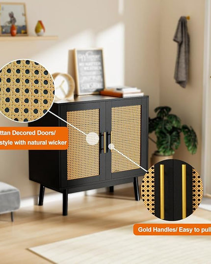 Accent Storage Cabinet with Rattan Decor Doors, Buffet Cabinet with Storage, Sideboard Cabinet for Hallway, Entry, Living Room, Black - LeafyLoom