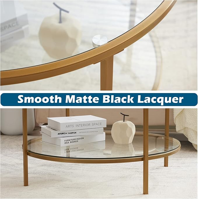 VINGLI Glass Coffee Table,30" Round Coffee Table Gold Coffee Tables for Living Room,2-Tier Glass Top Coffee Table with Storage Clear Coffee Table,Simple & Modern Center Table Mesa de Centro Para Sala - LeafyLoom