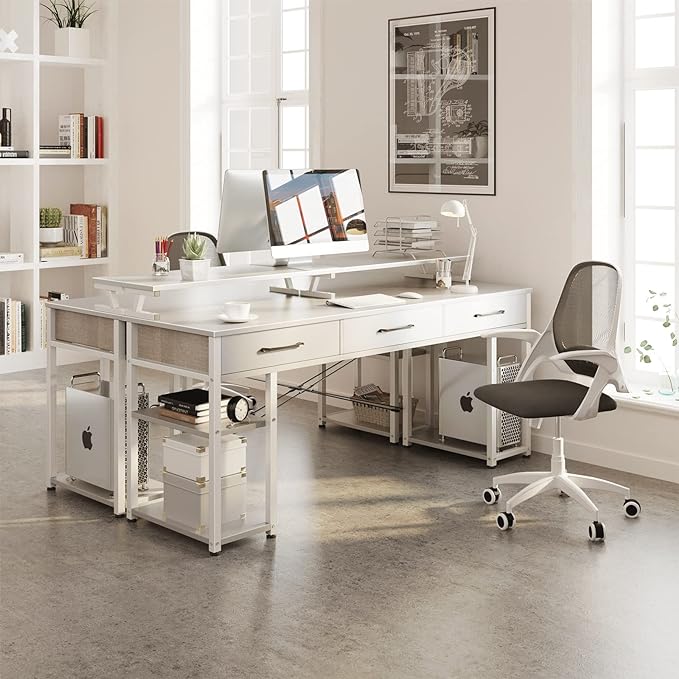 ODK Computer Desk with Drawers and Storage Shelves, 63 inch Home Office Desk with Monitor Stand, Modern Work Study Writing Table Desk for Small Spaces, White + White leg - LeafyLoom