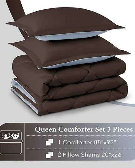 downluxe Queen Comforter Set - Brown and Blue Queen Comforter, Soft Bedding Sets for All Seasons -3 Pieces - 1 Comforter (88"x92") and 2 Pillow Shams(20"x26") - LeafyLoom