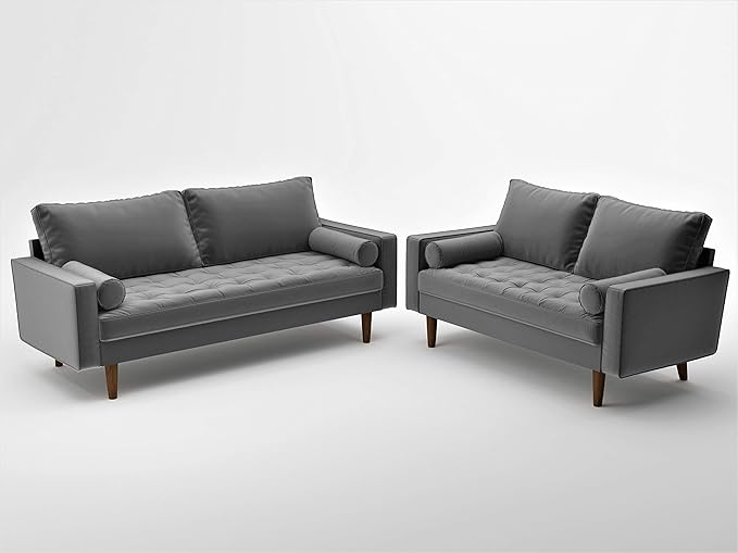 S5457 Mid Century Modern Velvet Upholstered Tufted Living Room Sofa, 69.68", Grey - LeafyLoom
